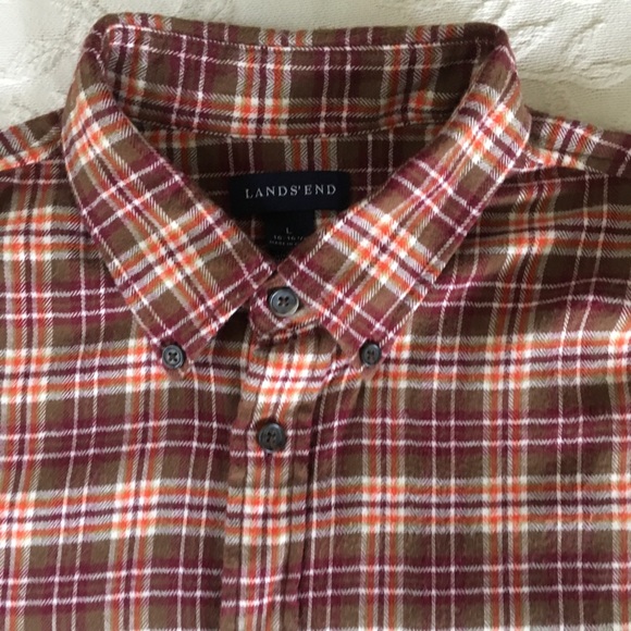 LANDS END Brown Plaid Flannel Shirt Mens L 16-16.5 - Picture 3 of 4